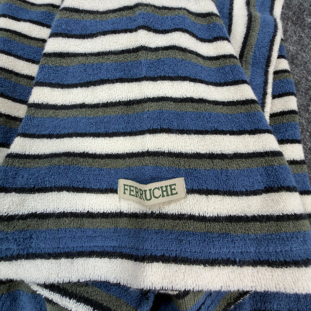 Ferruche Henley Shirt Mens Large Vintage 90s Indigo Blue Striped Cotton Terry