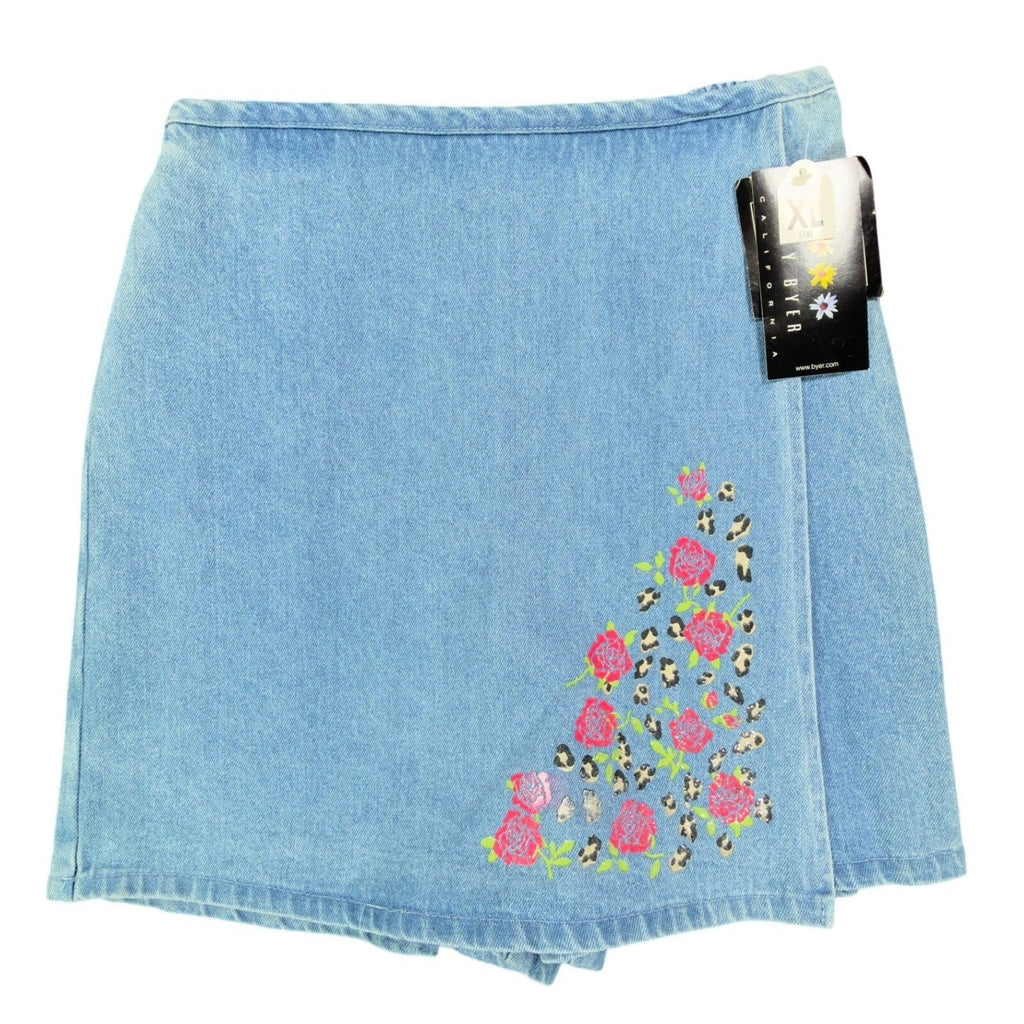 Amy Byer Vintage Y2K Skort Girls XL Blue Cotton Denim NWT Rose Leopard Print - take2supply