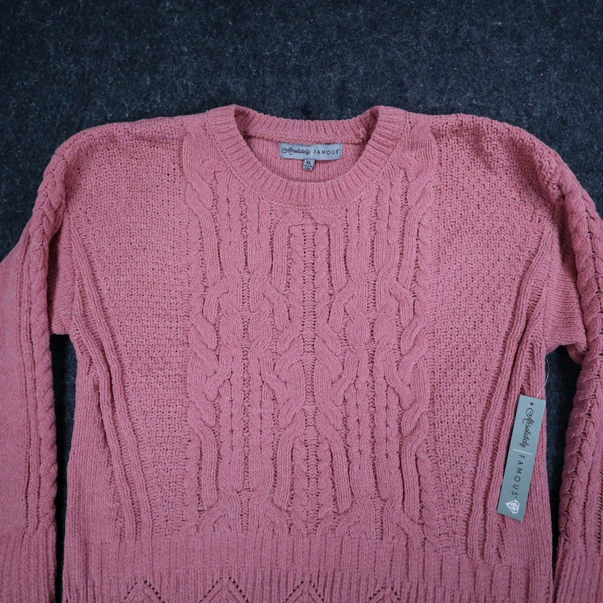 Absolutely Famous Chenille Cable Knit Sweater Womens XL Pink Scalloped Hem NEW
