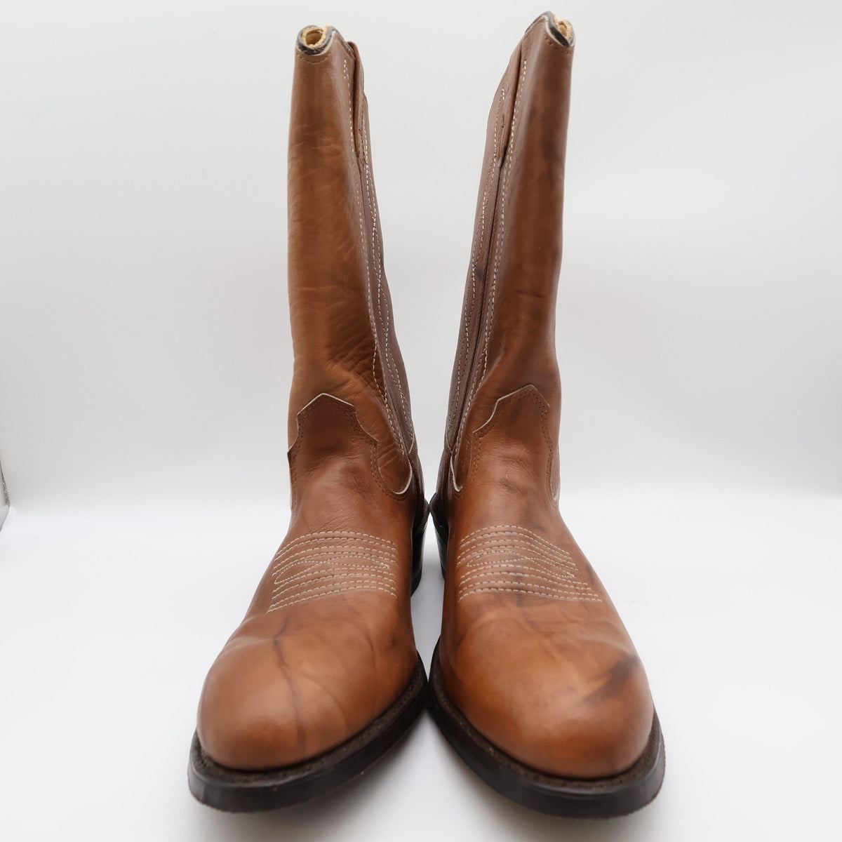 Vintage 80s Double-H 1507 Tan Leather Steel Toe Western Boots Men's 10 EE Wide NWT
