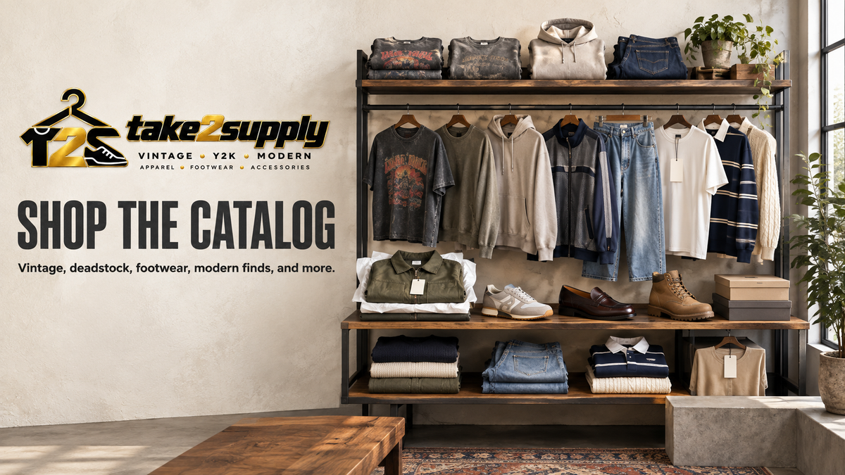 take2supply logo and 'Shop the catalog' over a shelf of vintage tees, hoodies, denim, boots and loafers