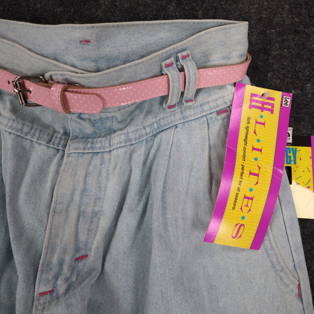 Lee Girls 14 Regular W26 Vintage 90s Baggy Fit Denim Shorts Aged Blue High Waist Belted Made in USA NWT Deadstock