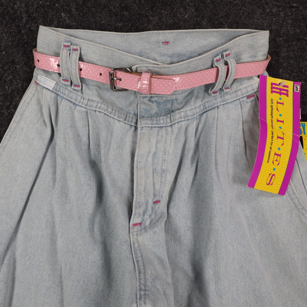 Lee Girls 14 Regular W26 Vintage 90s Baggy Fit Denim Shorts Aged Blue High Waist Belted Made in USA NWT Deadstock