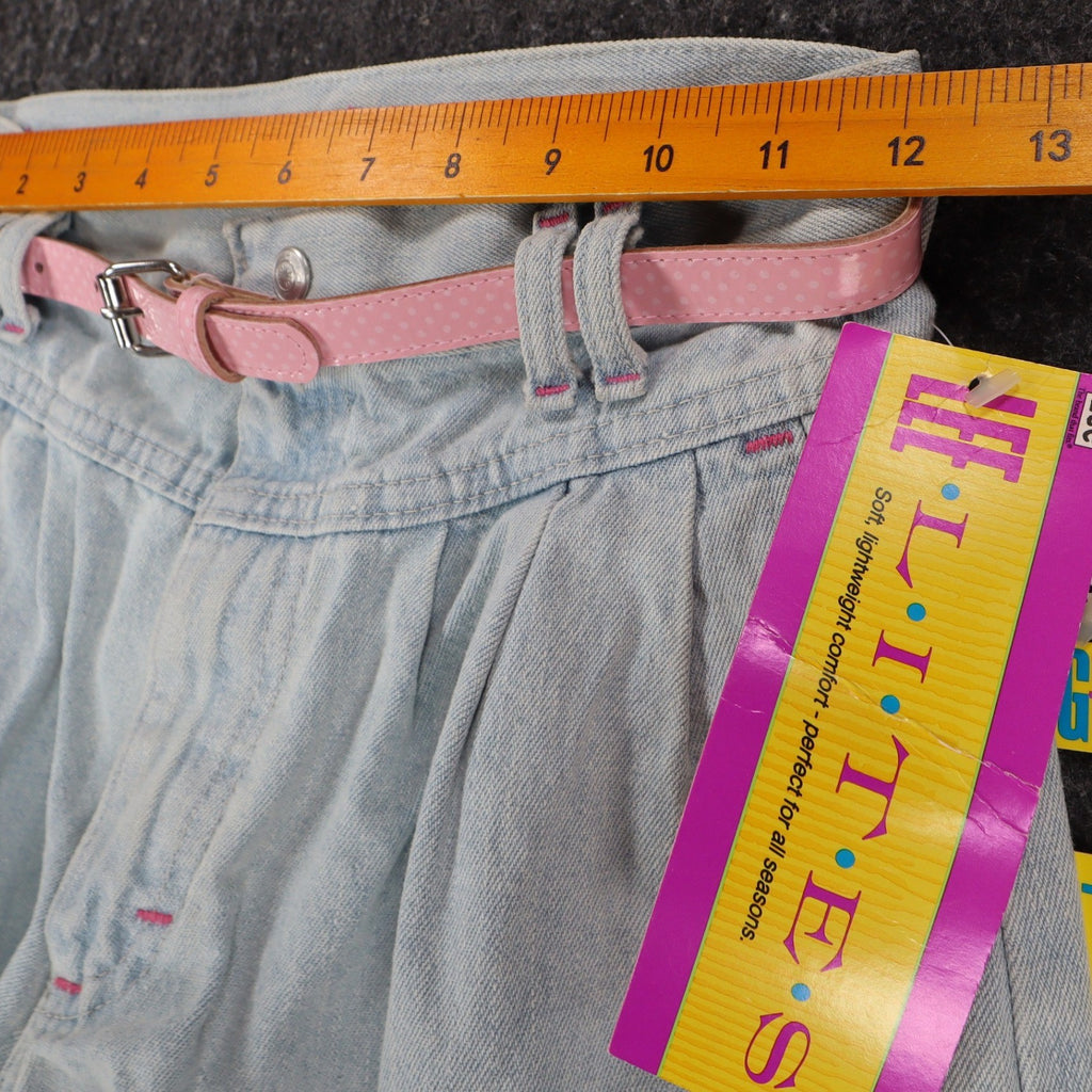 Lee Girls 14 Regular W26 Vintage 90s Baggy Fit Denim Shorts Aged Blue High Waist Belted Made in USA NWT Deadstock