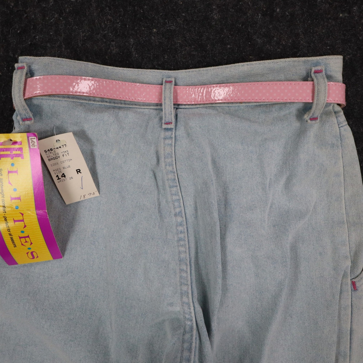 Lee Girls 14 Regular W26 Vintage 90s Baggy Fit Denim Shorts Aged Blue High Waist Belted Made in USA NWT Deadstock