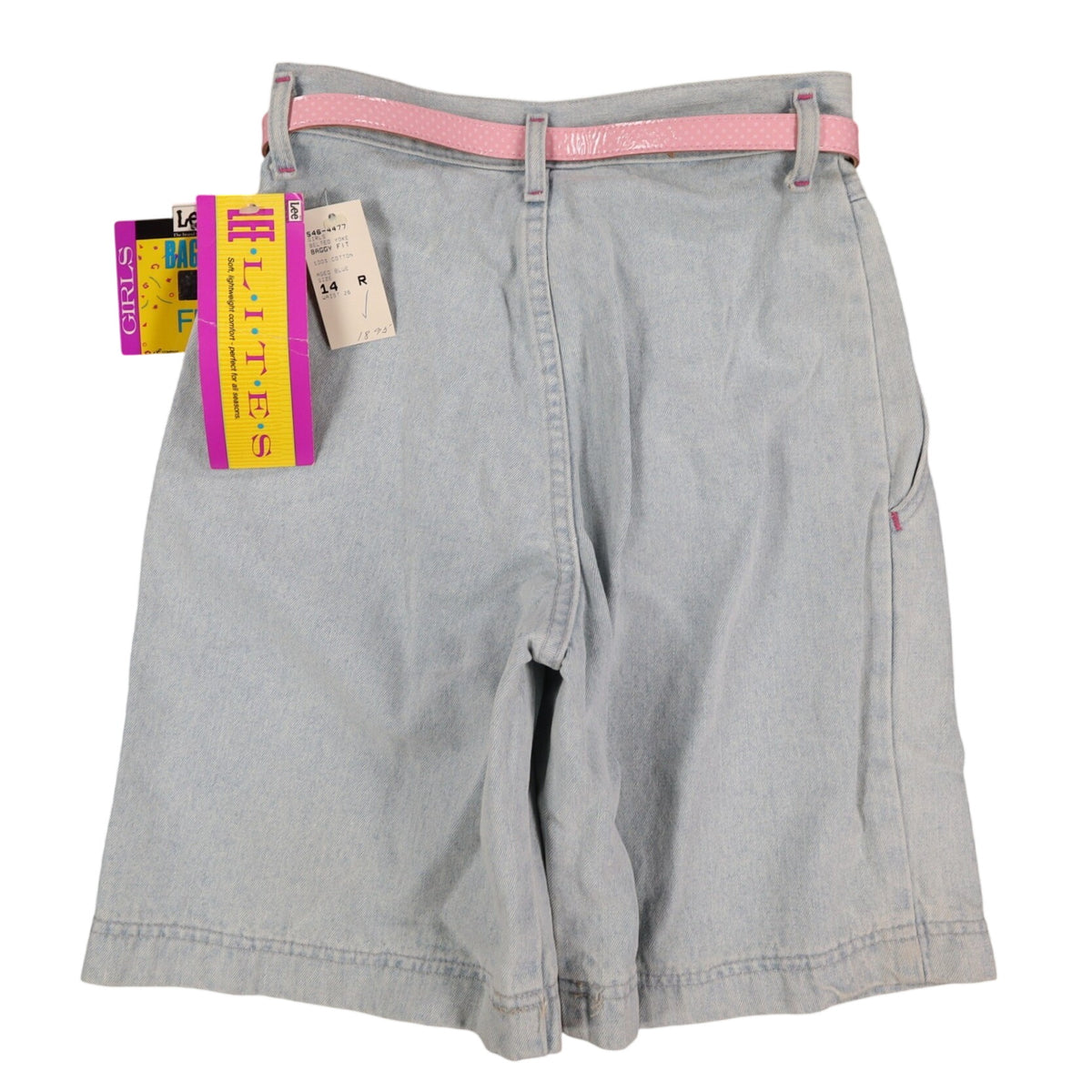 Lee Girls 14 Regular W26 Vintage 90s Baggy Fit Denim Shorts Aged Blue High Waist Belted Made in USA NWT Deadstock
