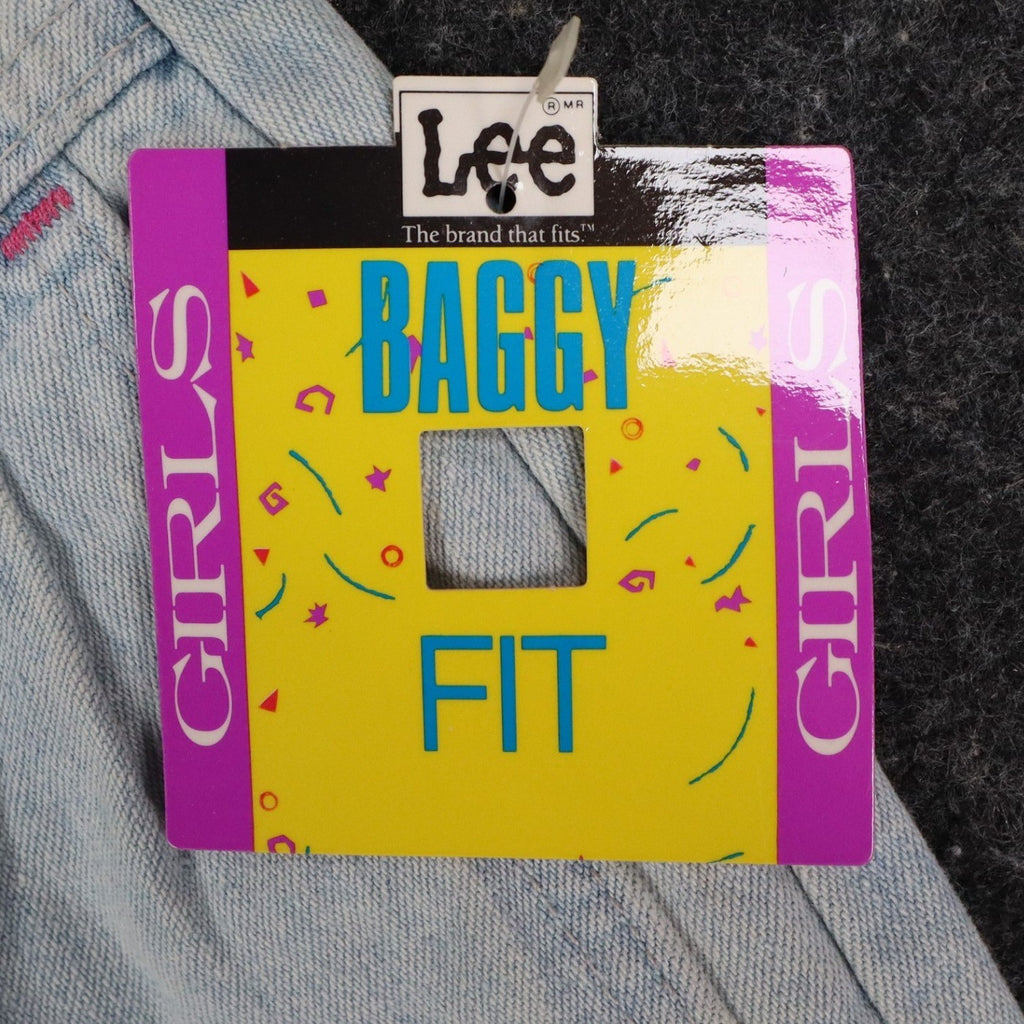 Lee Girls 14 Regular W26 Vintage 90s Baggy Fit Denim Shorts Aged Blue High Waist Belted Made in USA NWT Deadstock