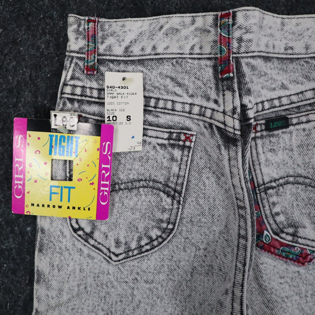 Lee Snap Back Riders Girls 10 Slim W22.5 Vintage 80s Black Ice Acid Wash High Rise Snap Ankle Jeans USA NWT Deadstock