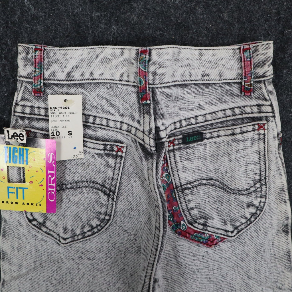 Lee Snap Back Riders Girls 10 Slim W22.5 Vintage 80s Black Ice Acid Wash High Rise Snap Ankle Jeans USA NWT Deadstock
