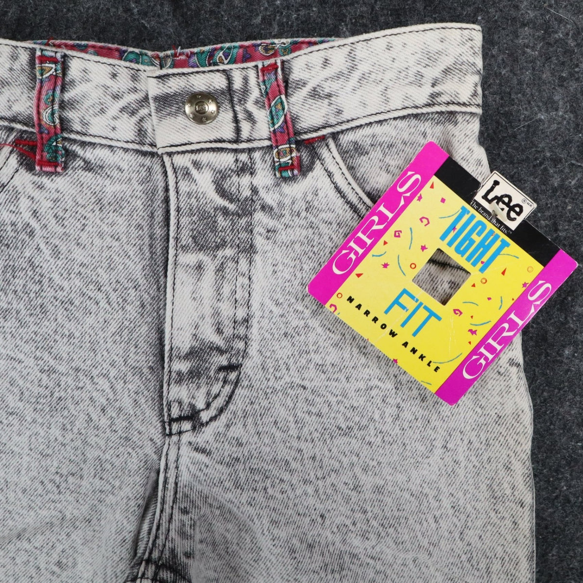 Lee Snap Back Riders Girls 10 Slim W22.5 Vintage 80s Black Ice Acid Wash High Rise Snap Ankle Jeans USA NWT Deadstock