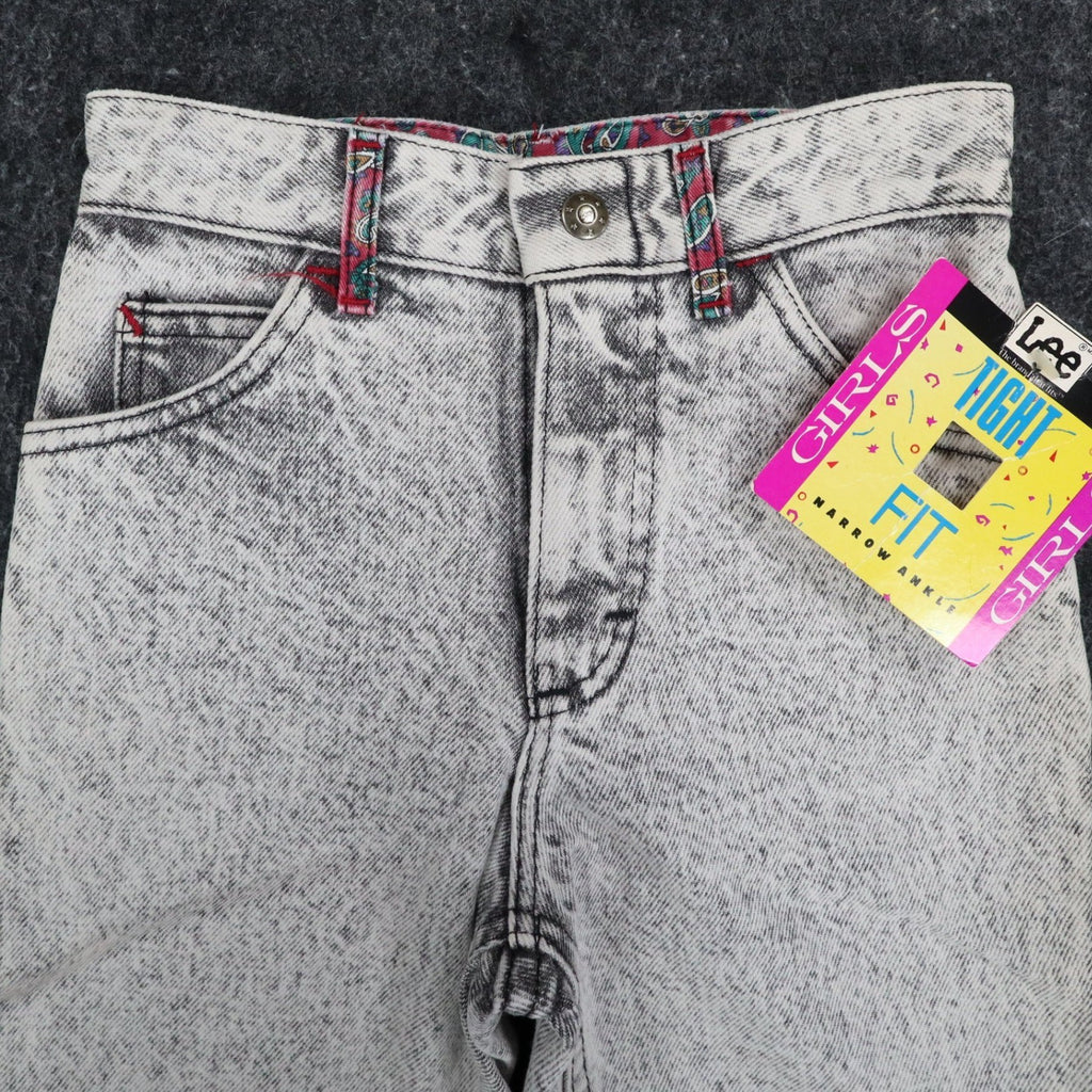 Lee Snap Back Riders Girls 10 Slim W22.5 Vintage 80s Black Ice Acid Wash High Rise Snap Ankle Jeans USA NWT Deadstock