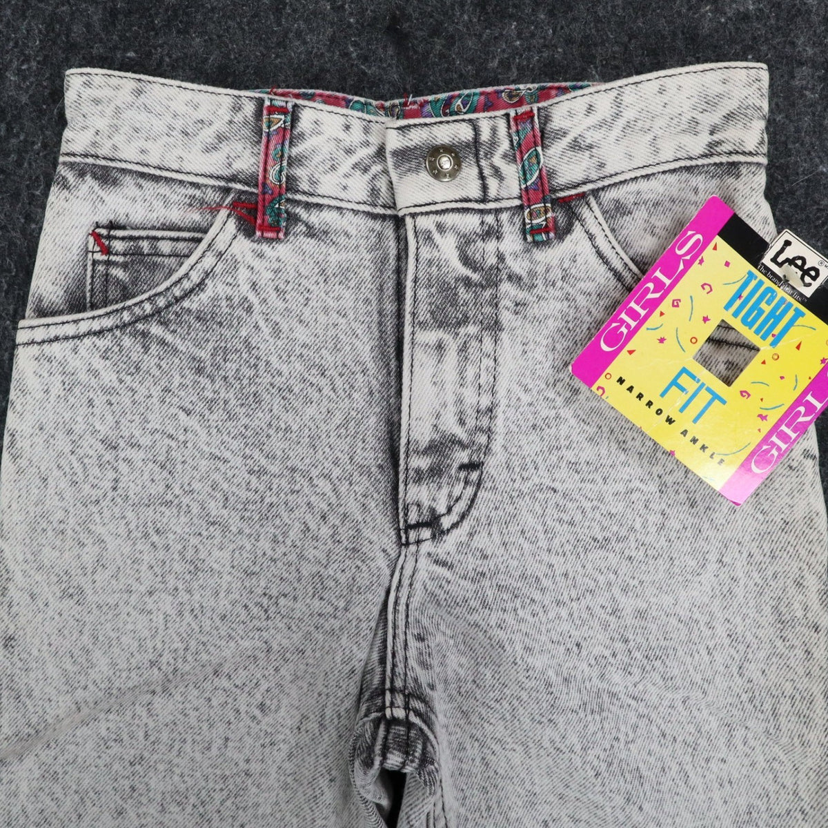 Lee Snap Back Riders Girls 10 Slim W22.5 Vintage 80s Black Ice Acid Wash High Rise Snap Ankle Jeans USA NWT Deadstock