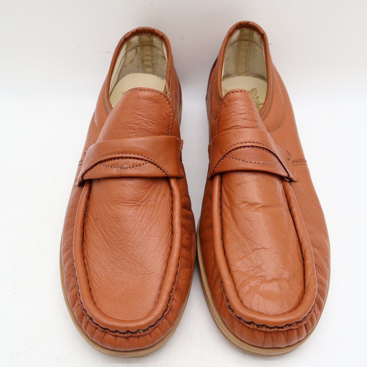 Vintage 1980s Wayfarer Cognac Leather Wedge Sole Penny Loafers Men’s 8D Deadstock