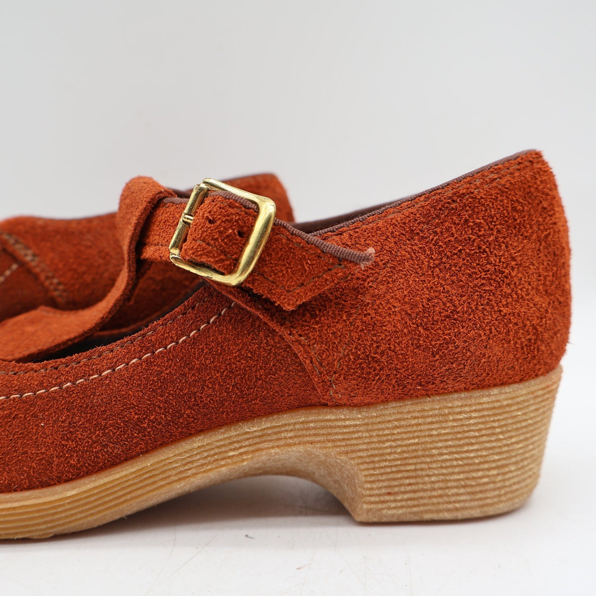 Stride Pacers T-Strap Mary Jane Heels Youth 9.5M Rust Orange Suede 1970s USA Deadstock 135M – photo 5 of 18