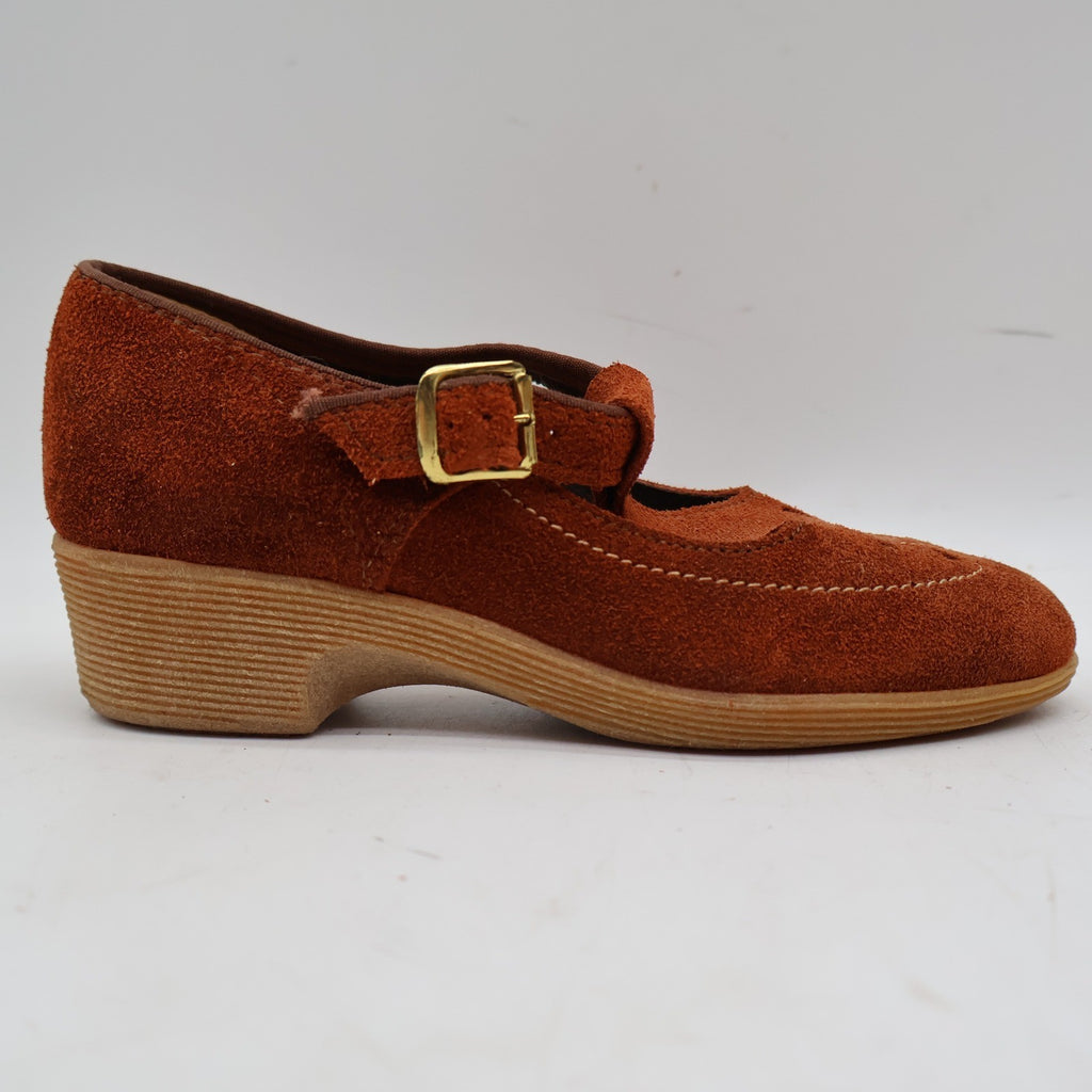 Stride Pacers T-Strap Mary Jane Heels Youth 9.5M Rust Orange Suede 1970s USA Deadstock 135M – photo 10 of 18