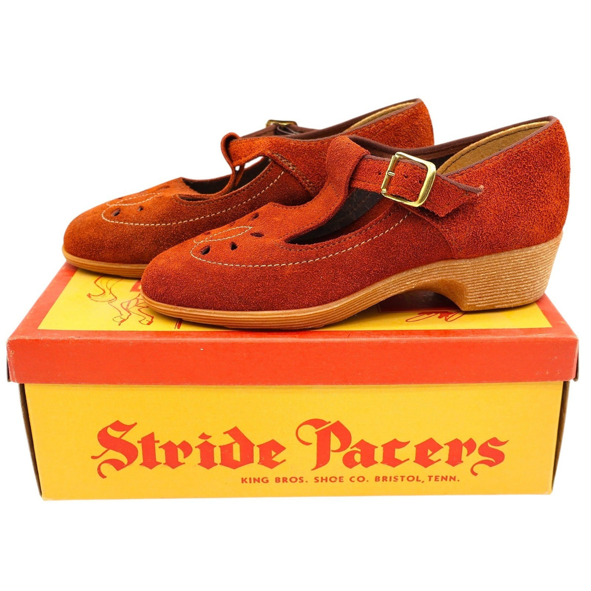 Stride Pacers T-Strap Mary Jane Heels Youth 9.5M Rust Orange Suede 1970s USA Deadstock 135M