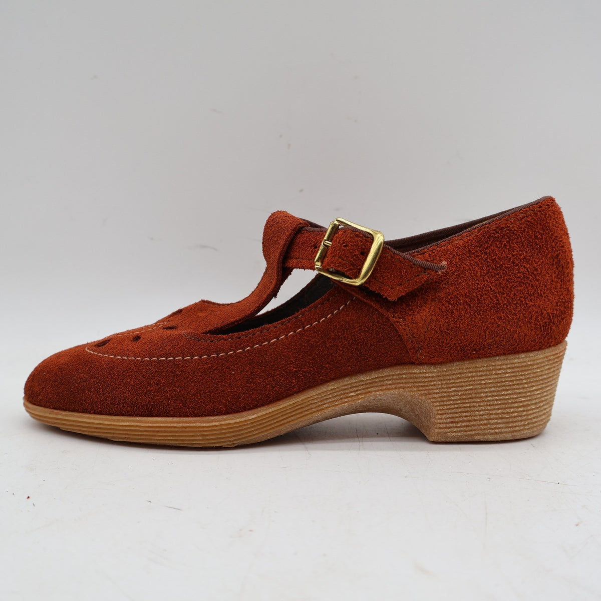 Stride Pacers T-Strap Mary Jane Heels Youth 9.5M Rust Orange Suede 1970s USA Deadstock 135M – photo 12 of 18