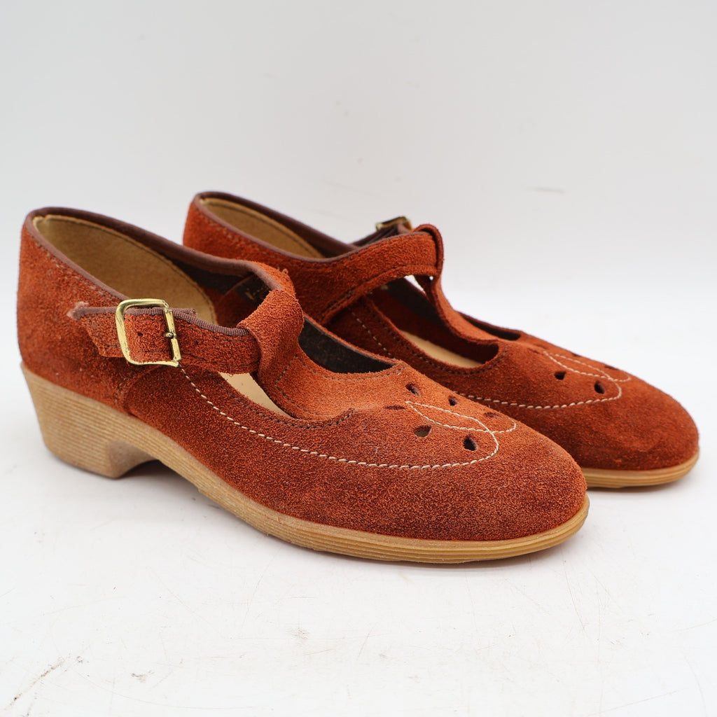 Stride Pacers T-Strap Mary Jane Heels Youth 9.5M Rust Orange Suede 1970s USA Deadstock 135M – photo 2 of 18