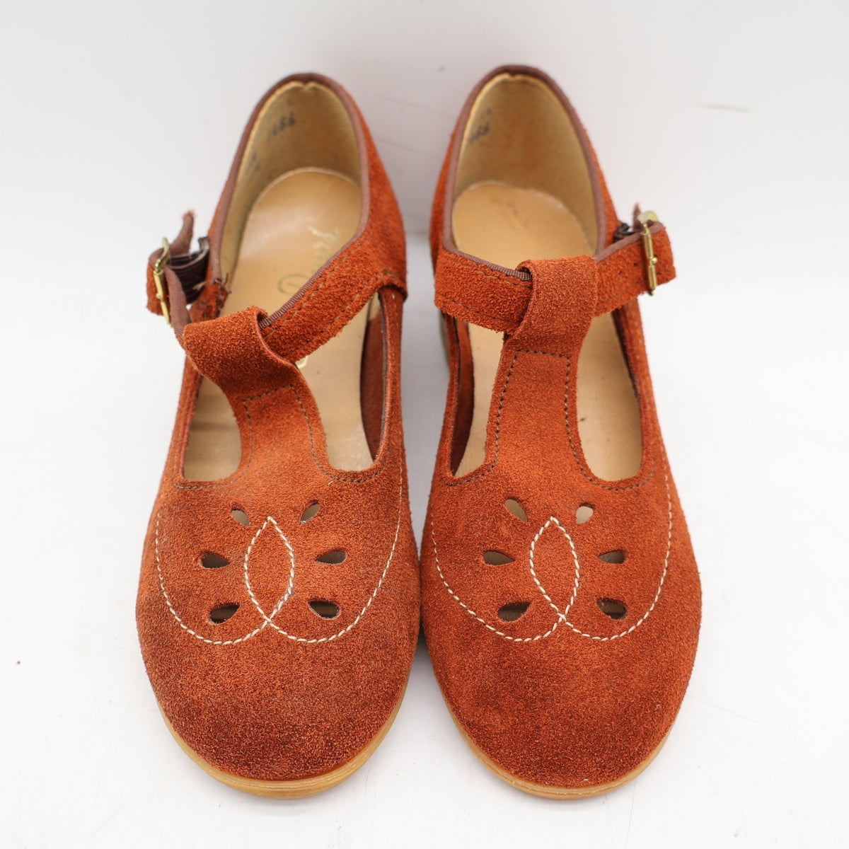 Stride Pacers T-Strap Mary Jane Heels Youth 9.5M Rust Orange Suede 1970s USA Deadstock 135M – photo 7 of 18