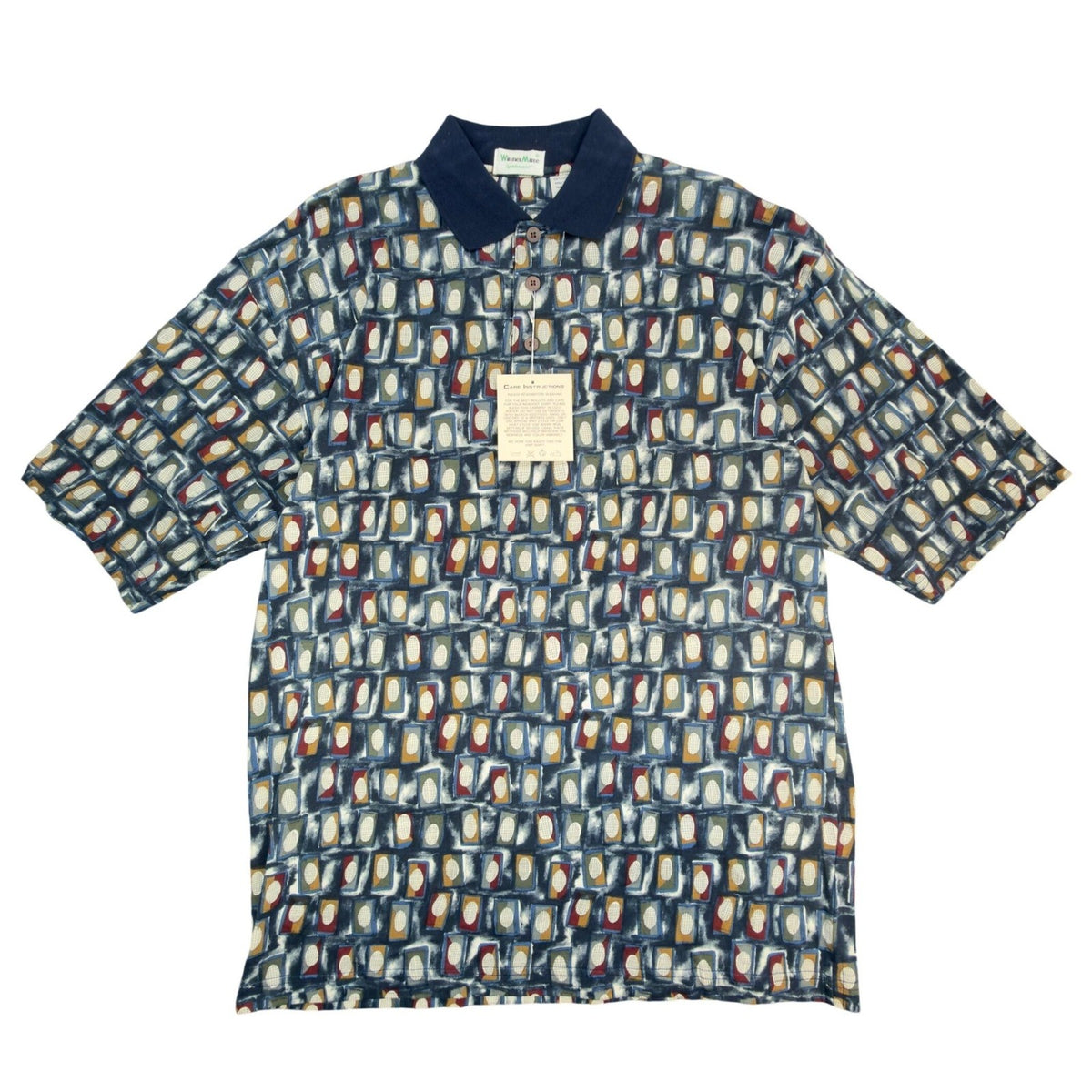 WinnerMate Polo Shirt Mens Medium Vintage 90s Blue Cotton Geometric Abstract NWT