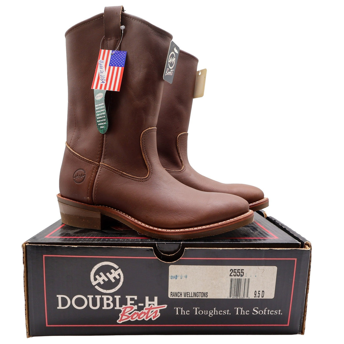 Double-H Ranch Wellington Mens 9.5 D Brown Leather Work Boots 2555 NWT USA