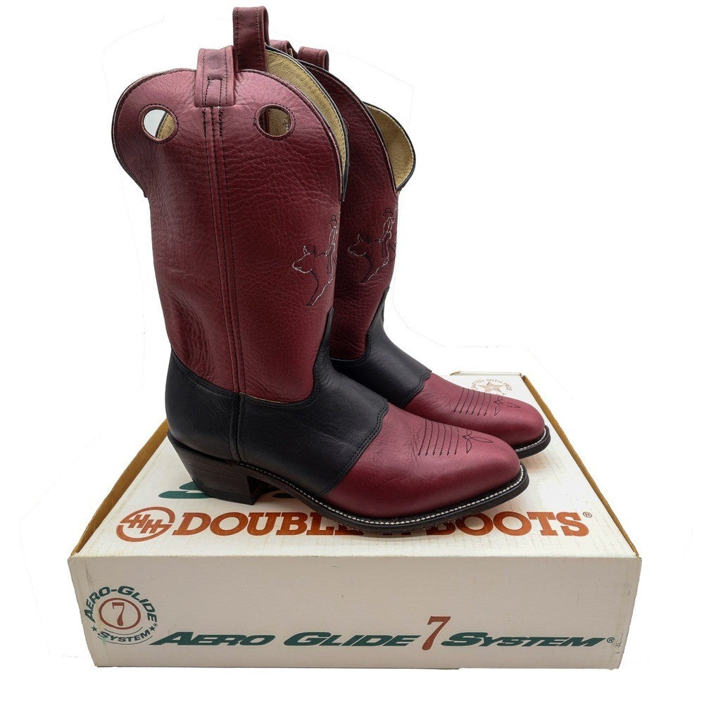 Vintage Double-H Boots Mens 10.5 D Burgundy Black Leather Cowboy Boots 1102 NWB