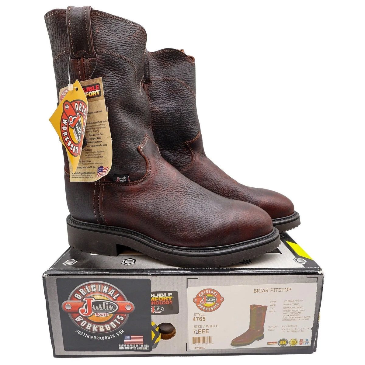 Justin 4765 Work Boots Mens 7.5 EEE Briar Pitstop Leather Pull On NWT USA Made