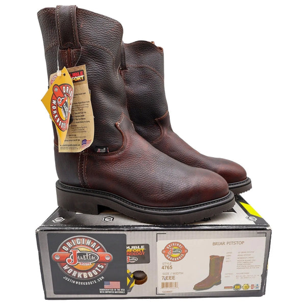 Justin 4765 Work Boots Mens 7.5 EEE Briar Pitstop Leather Pull On NWT USA Made