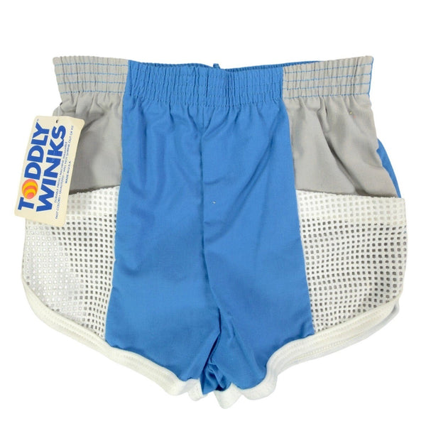 Vintage 80s Toddly Winks boys 6X-7 blue and grey mesh running shorts, front view with hangtag