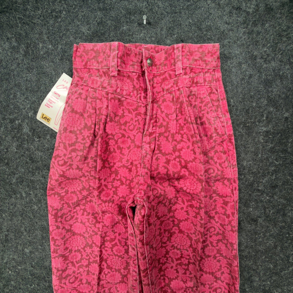 Lee Vintage 80s Floral Pants Girls 12 Magenta Pink Cotton High Waist NWT USA - take2supply