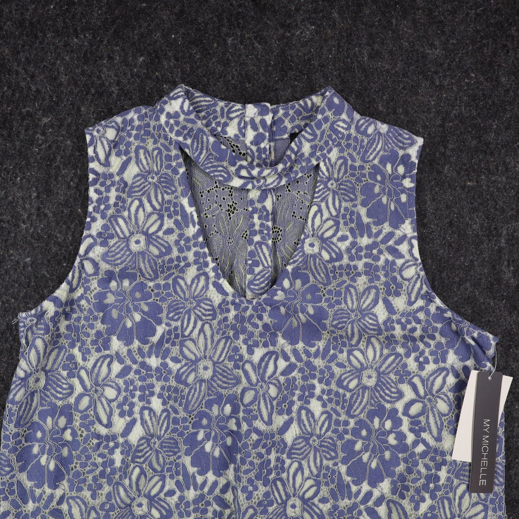 My Michelle Lace Sleeveless Top Womens Large Blue White Floral Choker Neck NWT - take2supply