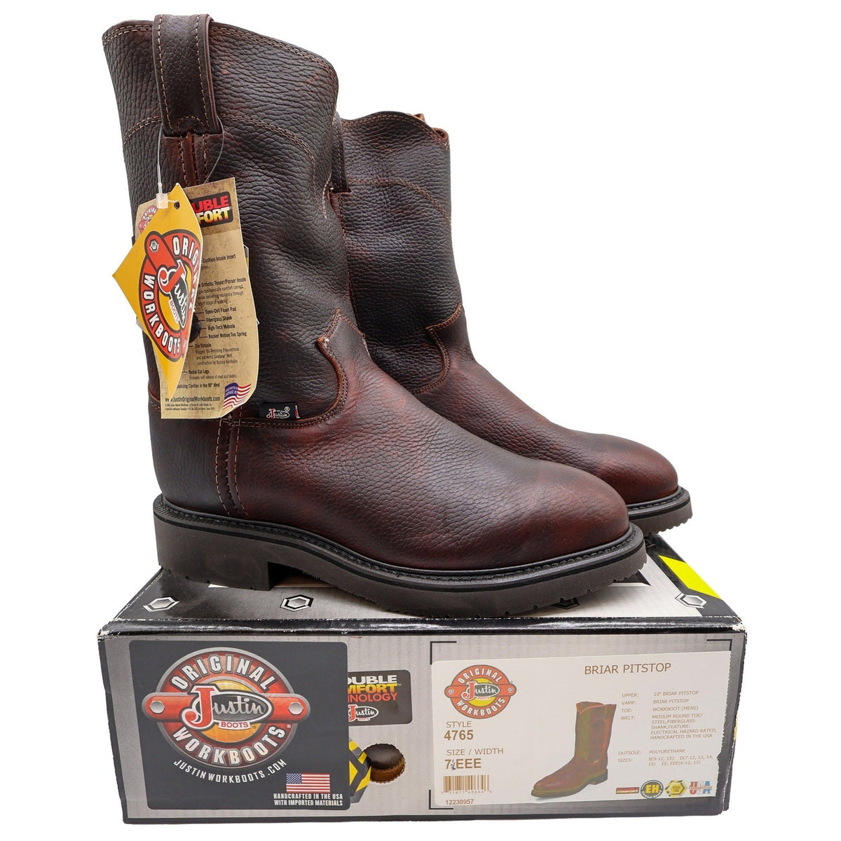 Justin 4765 Work Boots Mens 7.5 EEE Briar Pitstop Leather Pull On NWT USA Made - take2supply