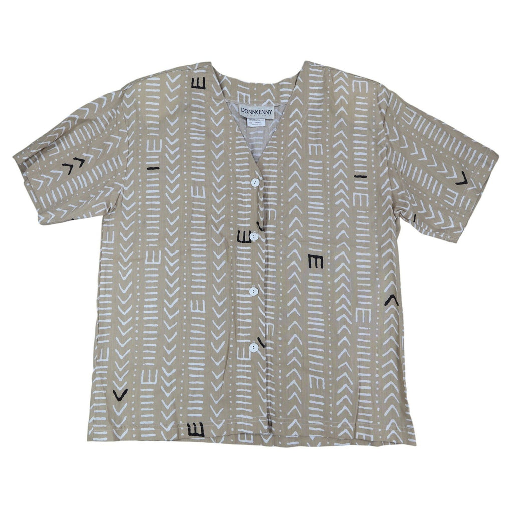 Donnkenny Classics Blouse Womens Small Vintage 90s Khaki Mudcloth Print USA NWT - take2supply