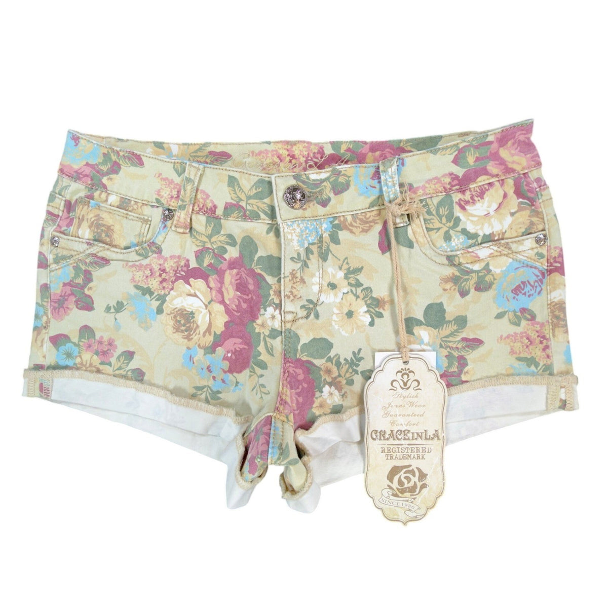 Front view of pale yellow Grace in LA floral shorts with rolled white cuffs