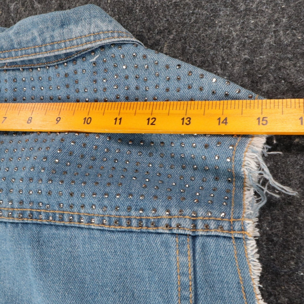Vocal Denim Vest Womens XL Blue Cotton Studded Rhinestone Frayed Raw Edge Vest - take2supply