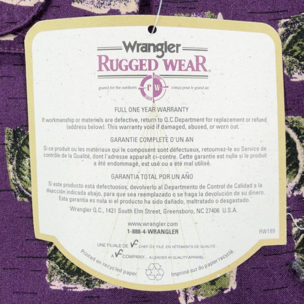 Wrangler 90s Rugged Wear Shirt Mens M Purple Cotton Leaf Print NWT R960LLV - take2supply