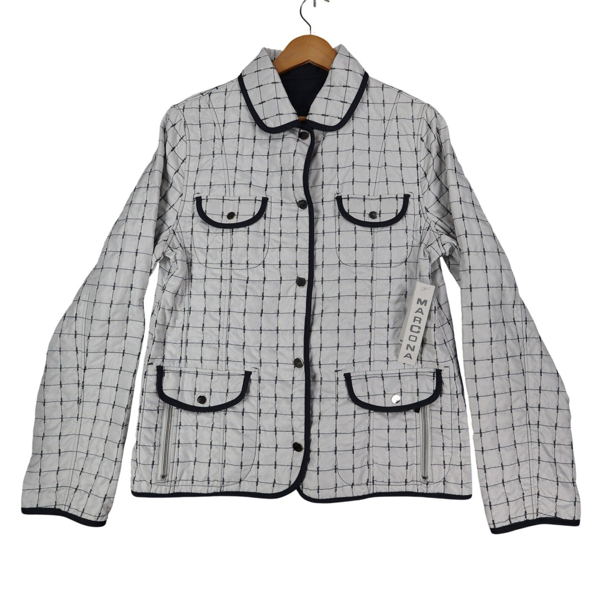 Marcona Reversible Quilted Jacket Womens Medium White Navy Grid Snap Front NWT - take2supply