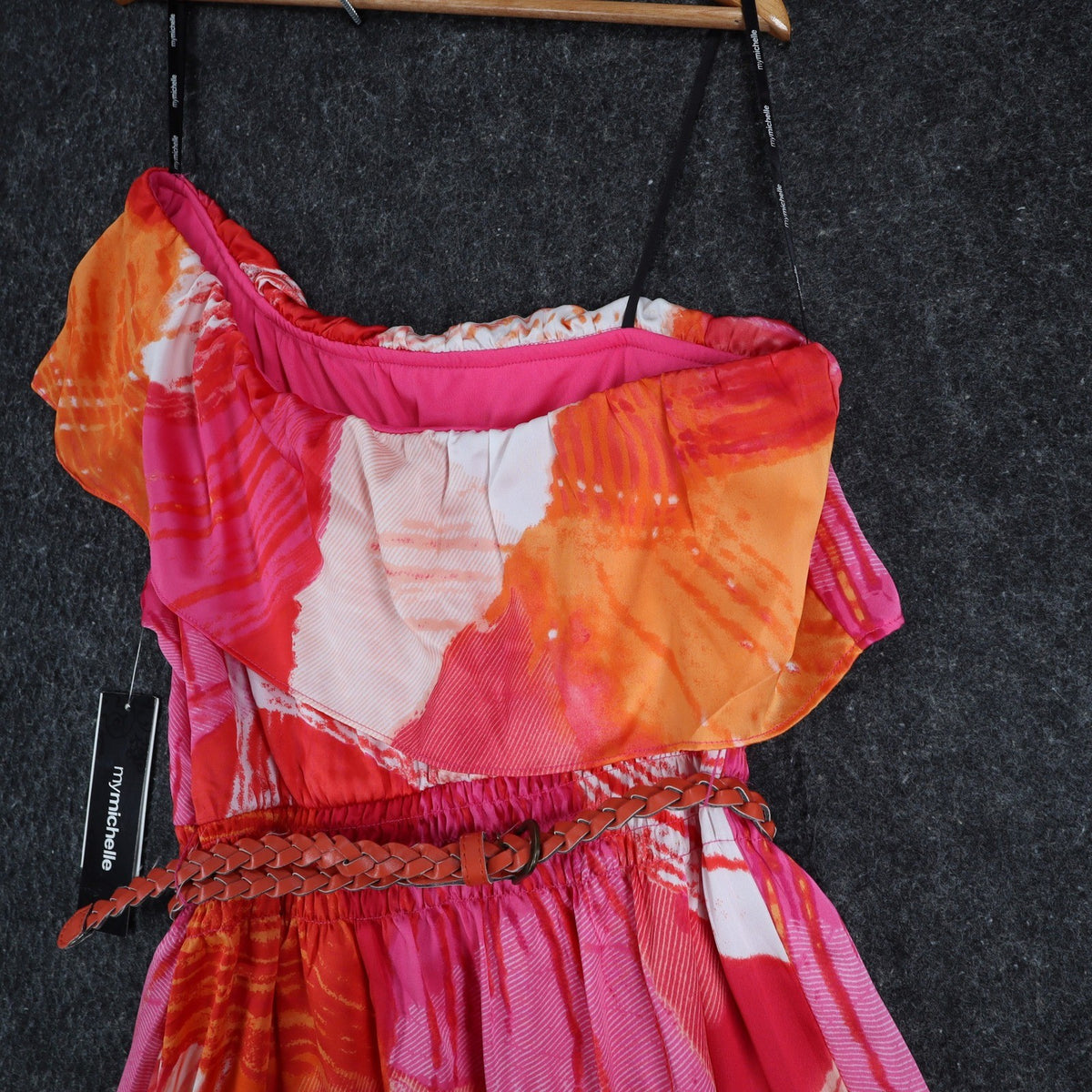 My Michelle One Shoulder Dress Womens Medium Pink Orange Abstract Print NWT - take2supply