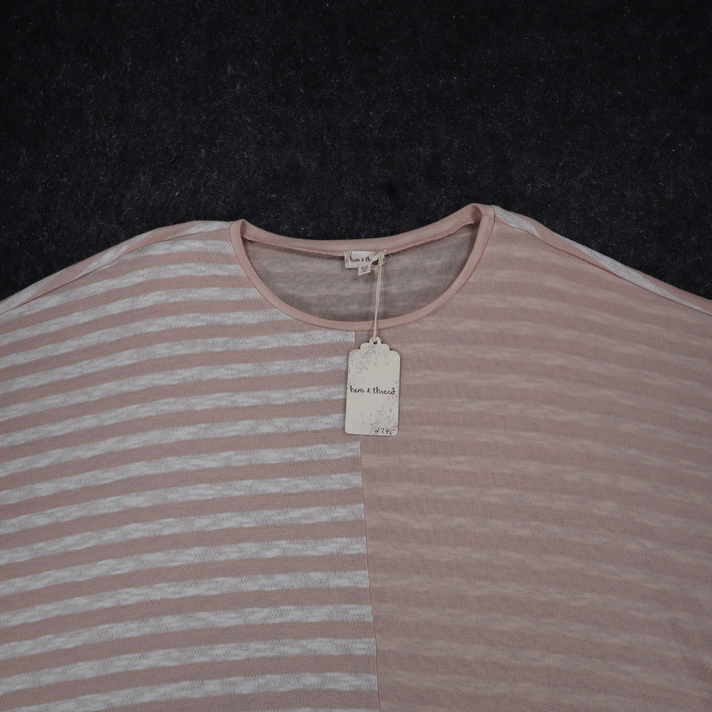 Hem & Thread Top Womens M/L Pink White Striped Oversized Boxy Knit Scoop Neck - take2supply