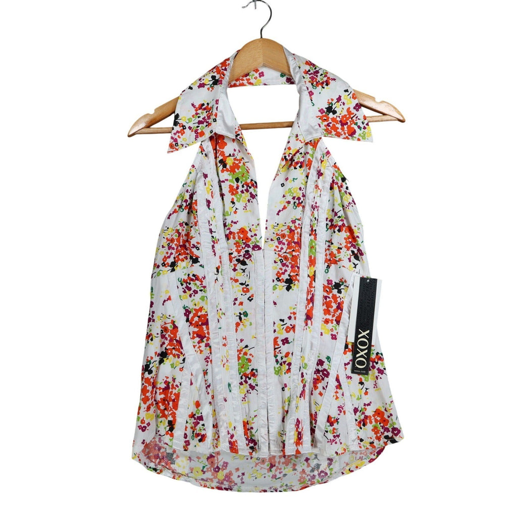XOXO Halter Top Womens Size Medium NWT Floral Cotton Smocked Back White C759 - take2supply