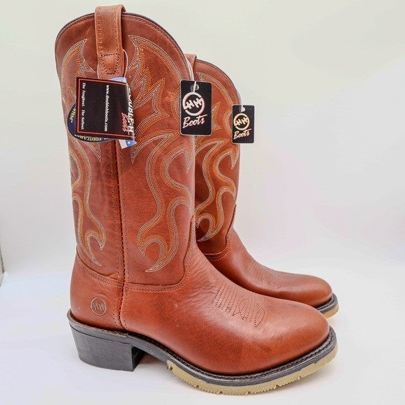 Three-quarter view of cognac-brown Double-H western boots with cream stitching with toes pointing right