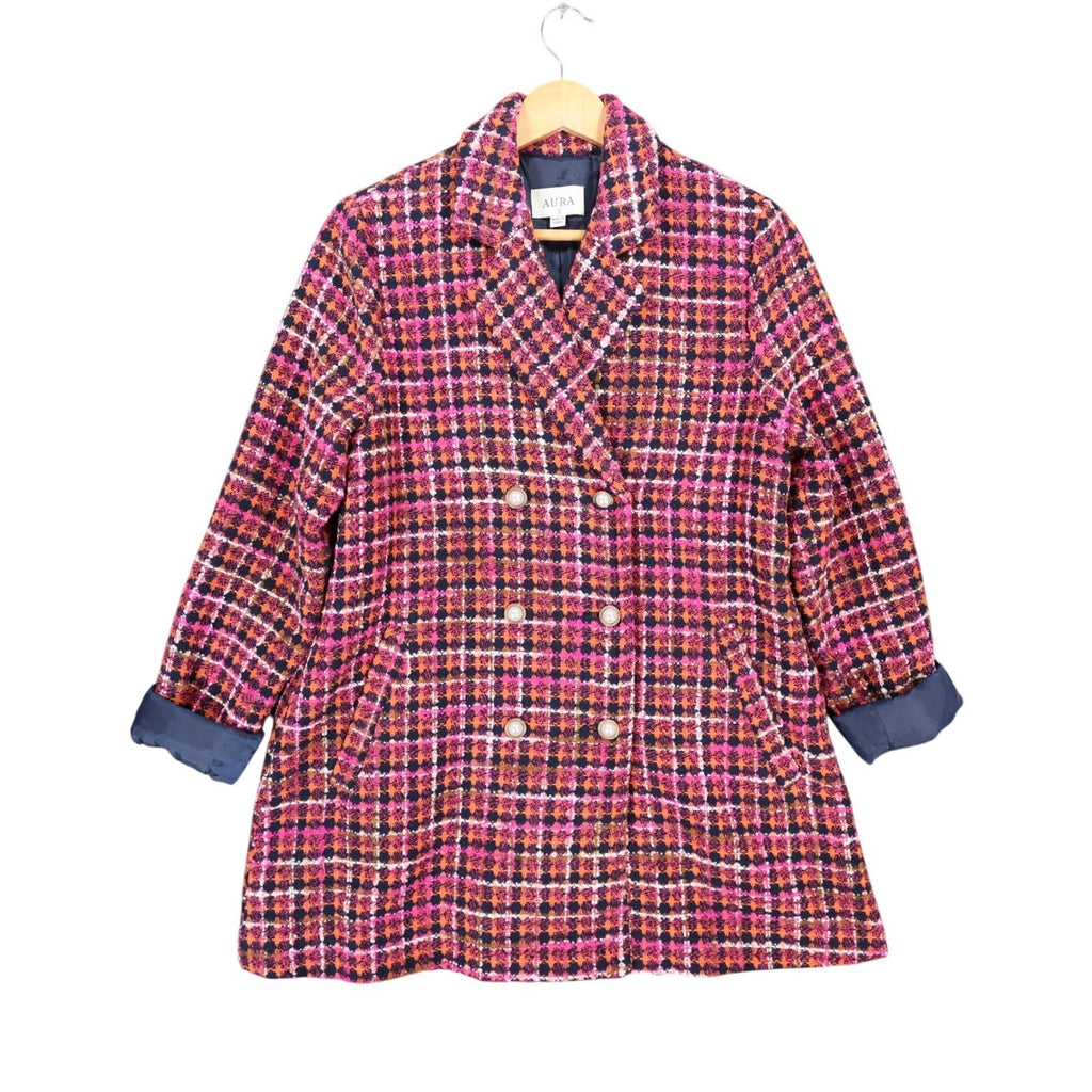 Pink, orange and navy AURA plaid double-breasted coat, full front view with turned-back navy cuffs