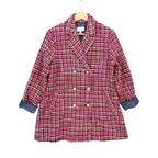 Pink, orange and navy AURA plaid double-breasted coat, full front view with turned-back navy cuffs