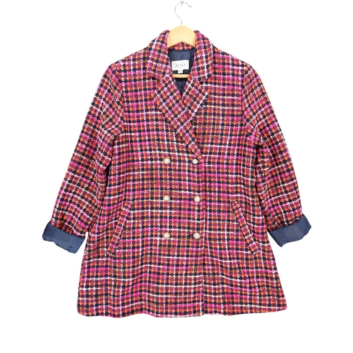 Pink, orange and navy AURA plaid double-breasted coat, full front view with turned-back navy cuffs