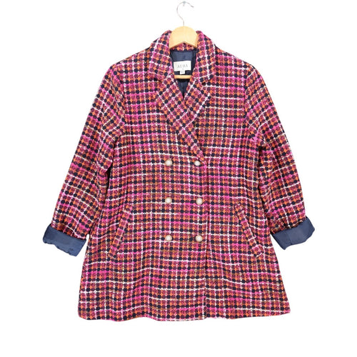 Pink, orange and navy AURA plaid double-breasted coat, full front view with turned-back navy cuffs