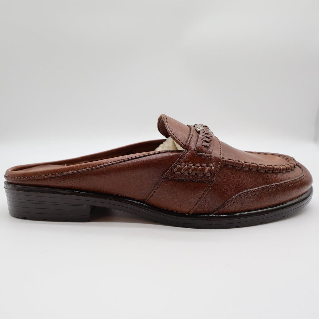 g.WIZ Faye Mule Loafers Womens 6.5M Vintage Brown Leather Woven Metal Detail - take2supply