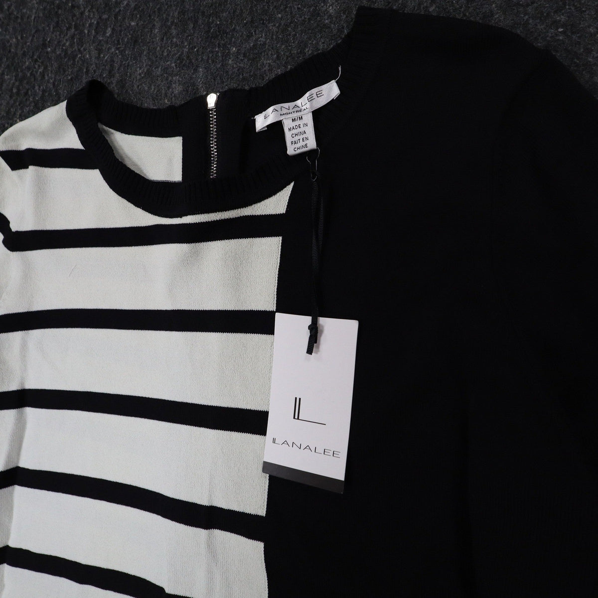 Lana Lee Sweater Womens M/L Black White Striped Colorblock Back Zip Knit Top - take2supply