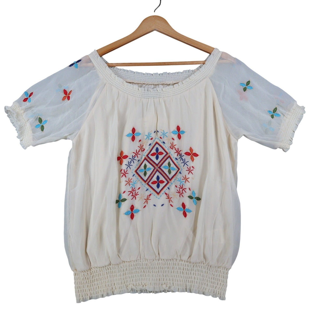Angie Embroidered Smocked Blouse Womens Size Medium Ivory Boho Sheer Sleeve Top - take2supply