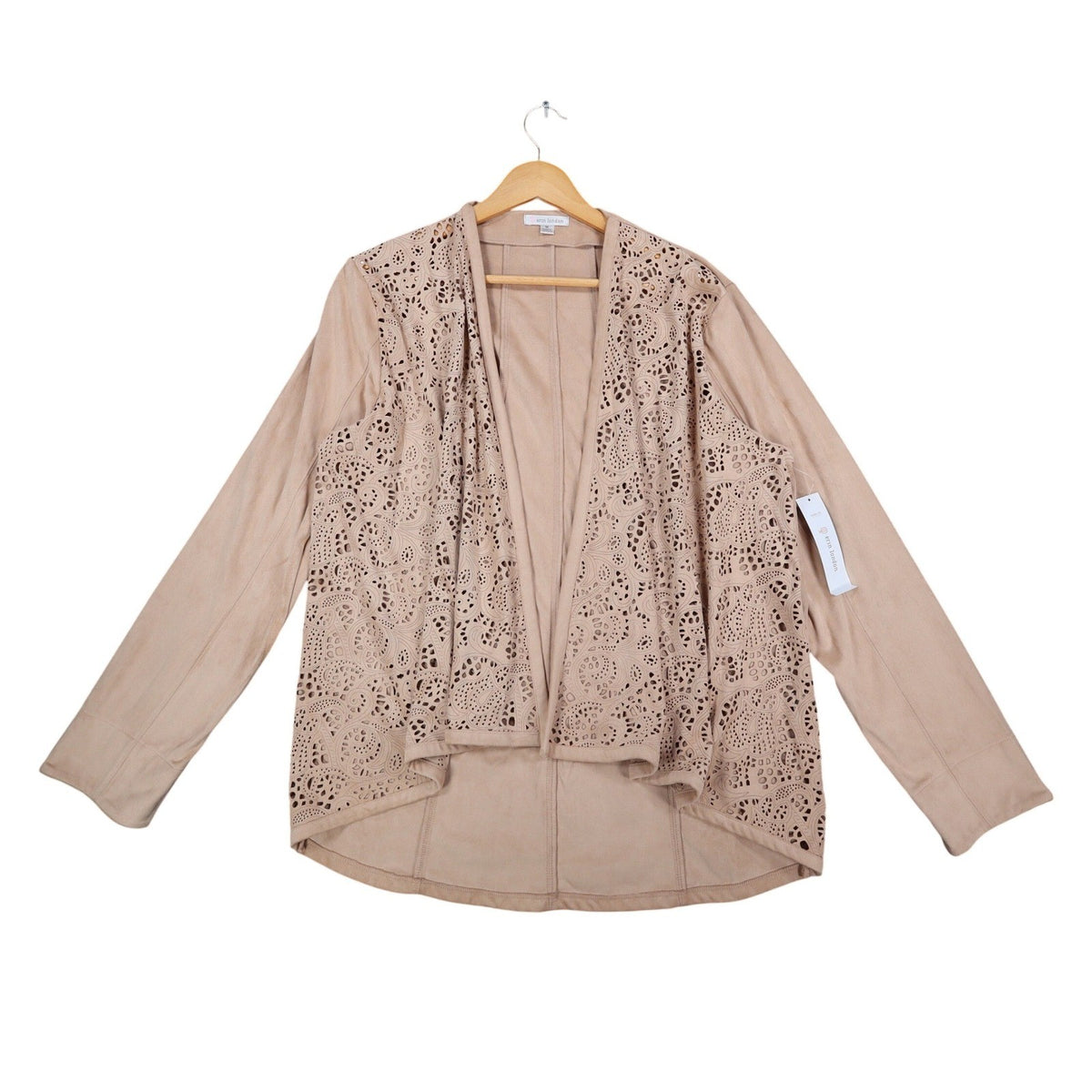 Erin London Open Front Jacket Medium NWT Sand Faux Suede Laser Cut Eyelet C1085 - take2supply