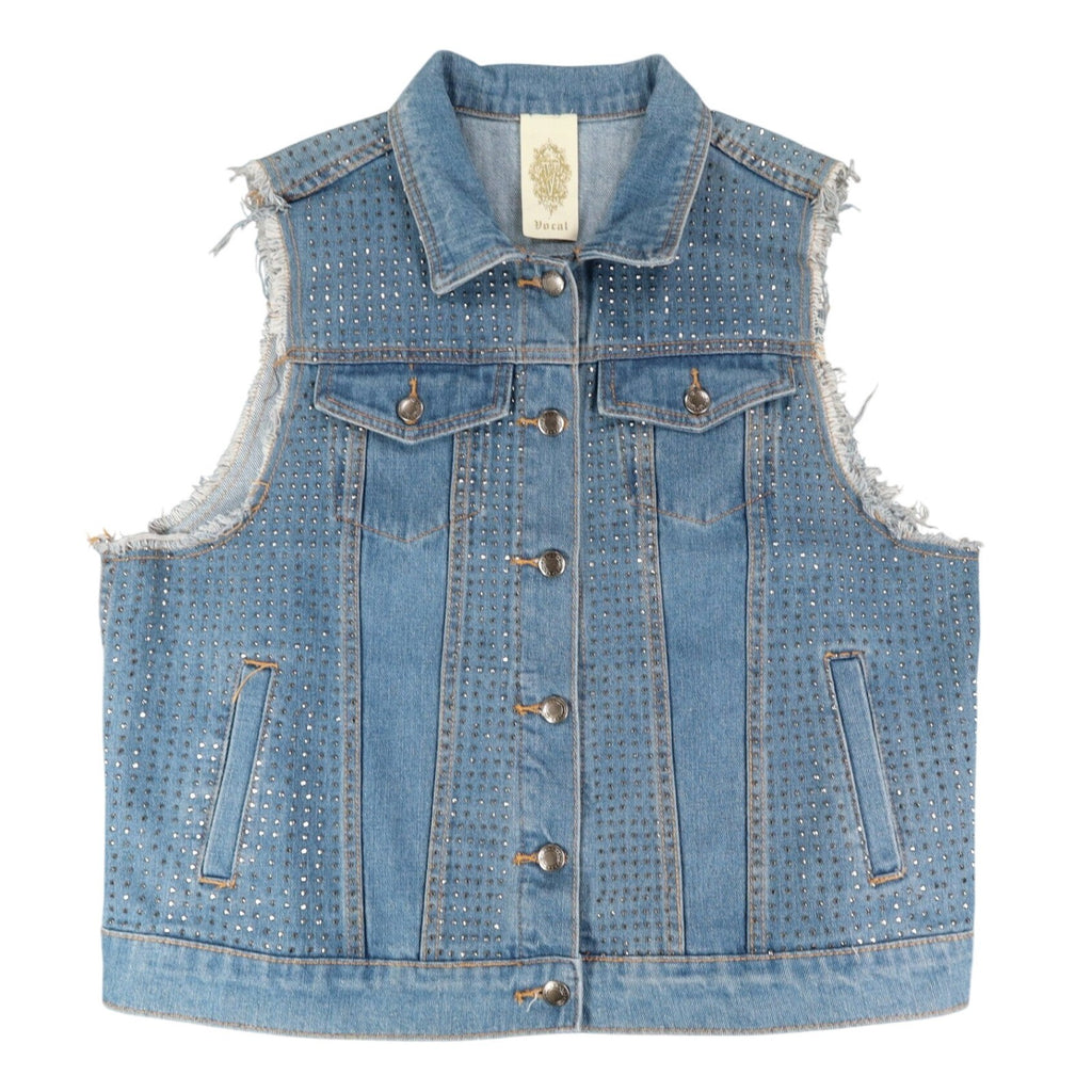 Vocal Denim Vest Womens XL Blue Cotton Studded Rhinestone Frayed Raw Edge Vest - take2supply